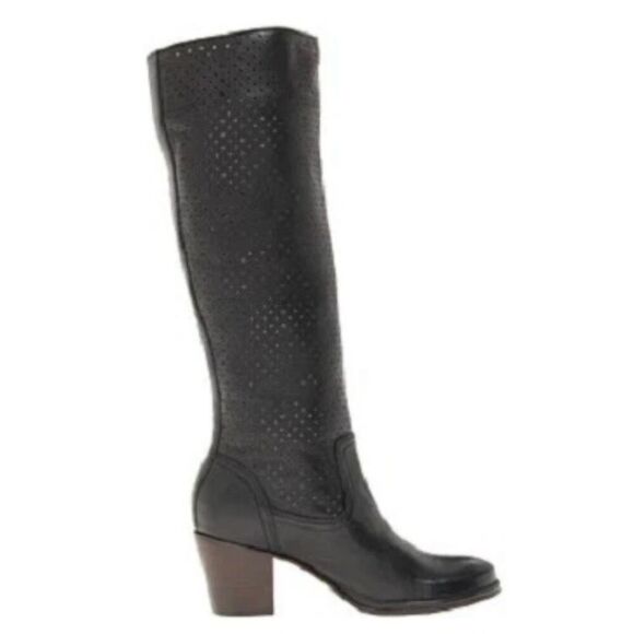 Frye Leather Lucinda Perforated Slouchy Round Toe Heeled Boots Black Size 8.5M - Picture 1 of 9